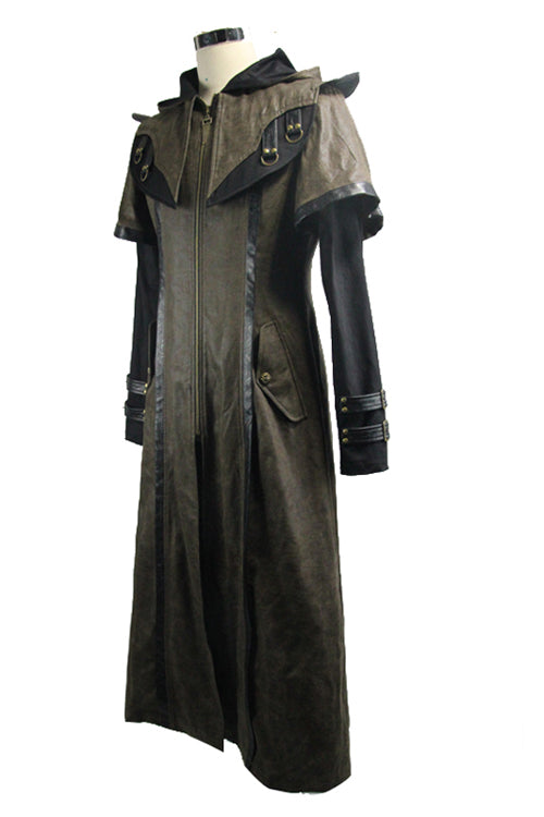 Double Sleeves Steampunk Brown Leather Hooded Mens Long Coat