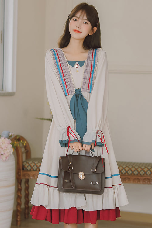 Multi-Color Square Collar Ruffled Long Sleeves Paneled Hem Sweet Lolita OP Dress