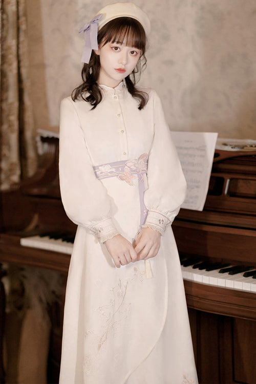 Beige Retro Stand Up Collar Ruffled Lantern Sleeves Butterfly Embroidery Classic Lolita OP Dress Full Set