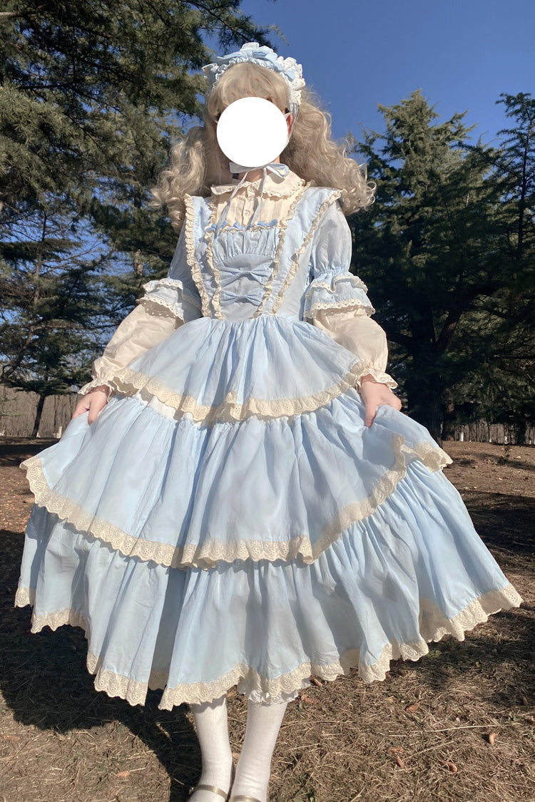 Blue Lapel Collar Long Sleeves High Waisted Multi-layer Bowknot Sweet Lolita Dress