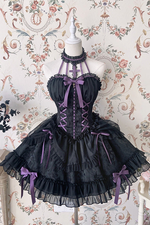 Black Purple Tube Top Sleeveless Blowknot Ruffled Gothic Lolita Tiered Dress