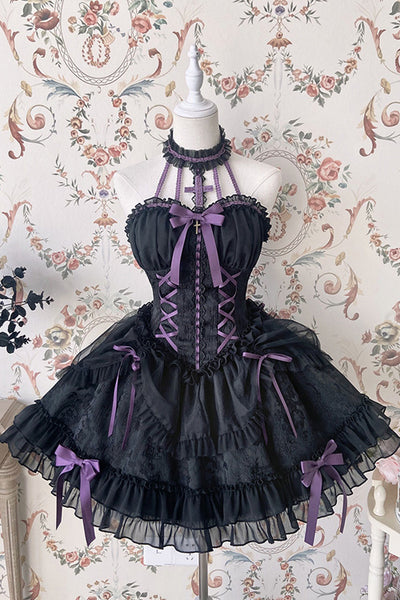 gothic purple dress Black Purple Tube Top Sleeveless Blowknot Ruffled Gothic Lolita Tiered Dress