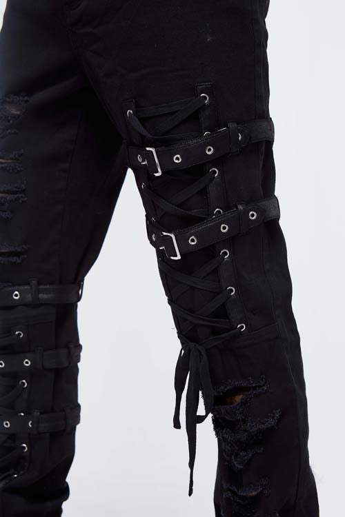 Black Asymmetric Loops Ragged Punk Rock Broken Holes Bandage Mens Pants