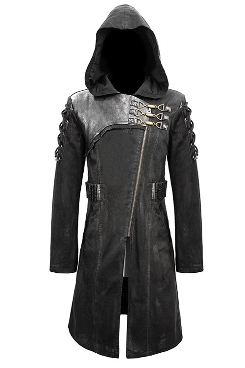 Brown Hooded Denim Tattered Long Mens Punk Coat