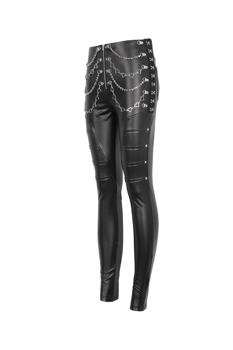 Black Chain Stud Skintight Leather Womens Punk Pants