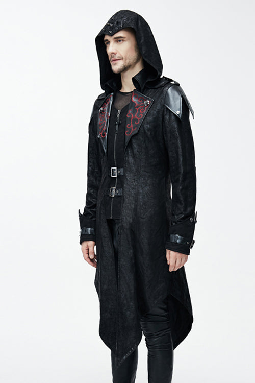 False Two Pieces Black Hooded Leather Long Mens Gothic Coats