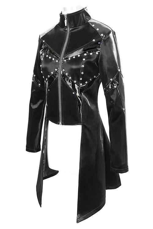 Black Rivet Bright Leather Zipper Long Womens Punk Coat
