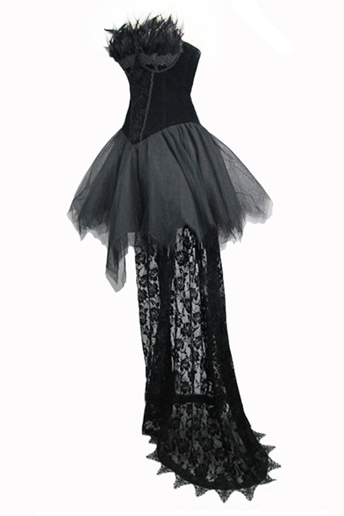 Black Gothic Wedding Strapless Feathered Sexy Velveteen Womens Dress With Rose Lace Tail