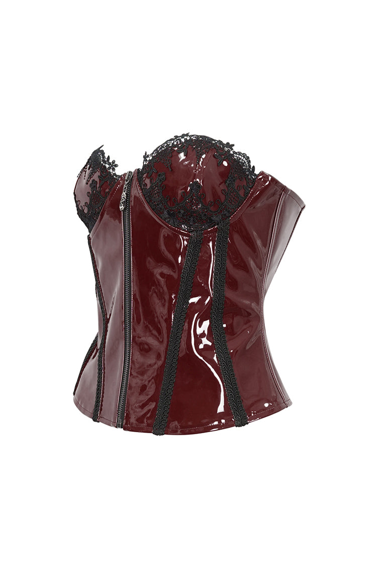 Red Lace Splice Patent Leather Women's Punk Overbust Corset