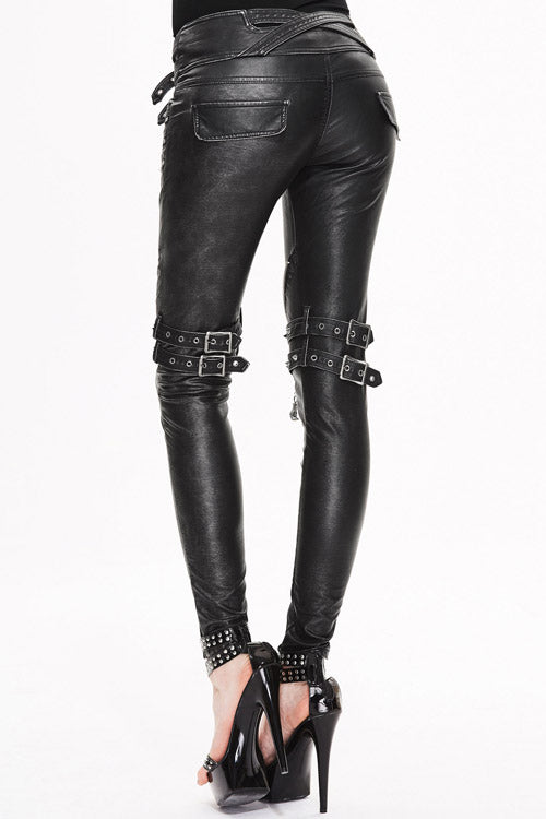 Black Punk Winter False Boots Hand Rubbed Leather Womens Pants