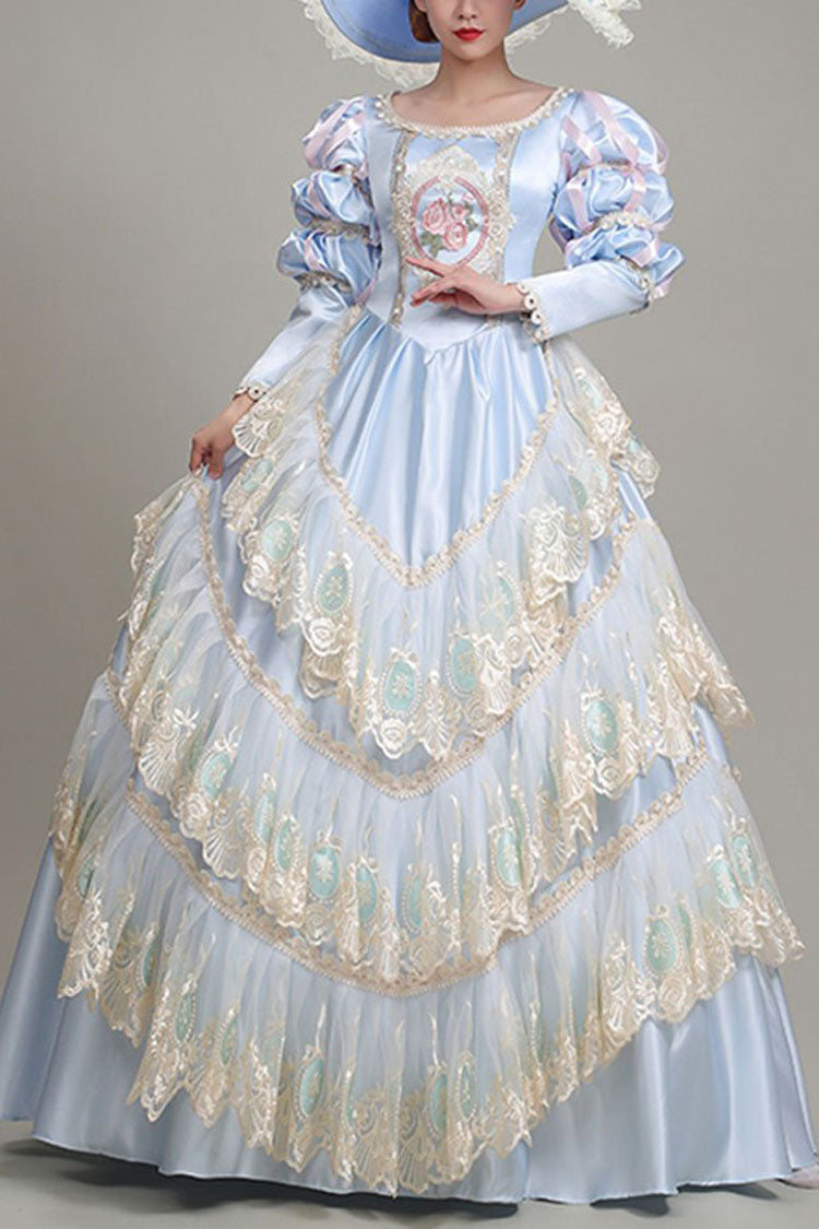 Light Blue Long Sleeves Multi-Layer Lace Stitching High Waisted Hollow Embroidery Floral Print Victorian Lolita Prom Dress