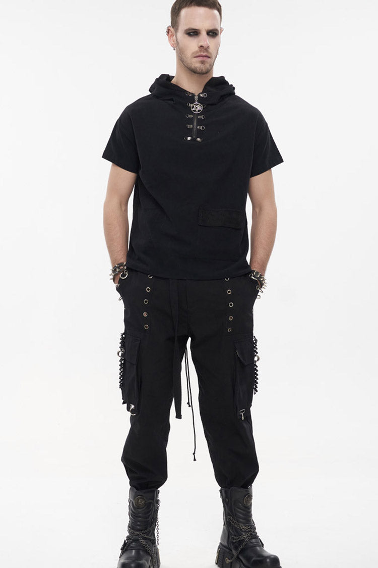 Black Punk Tatting Multi-Pocket Metal Chain Cargo Men's Pants