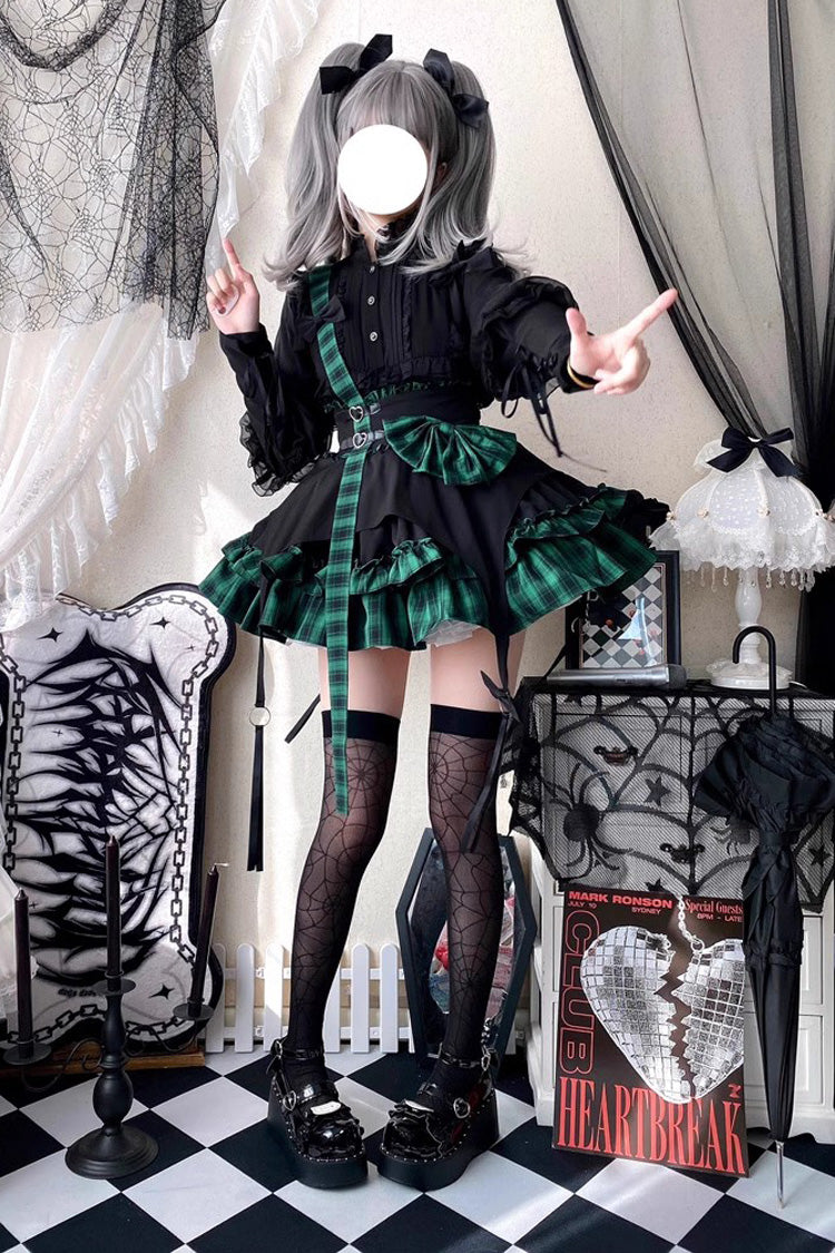 Electronic Kitten Dark Girl Multi-layer Plaid Print Ruffle Bowknot Gothic Lolita Skirt 3 Colors