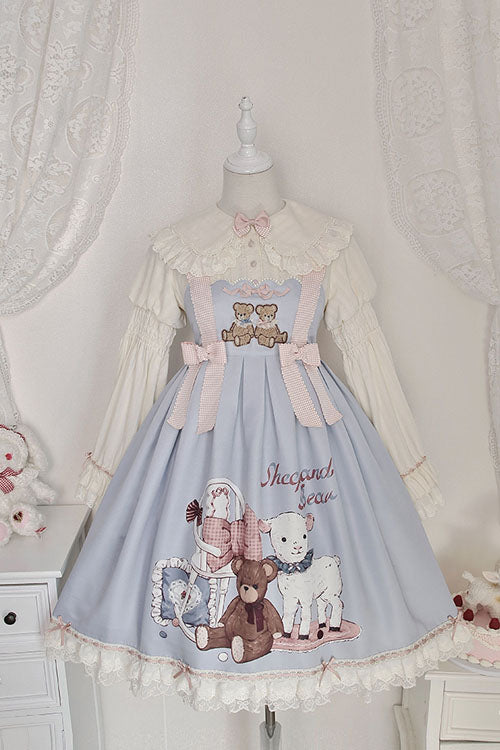 Blue Sheep & Bear Print Alice Girl Bowknot Ruffled Sweet Lolita JSK Dress