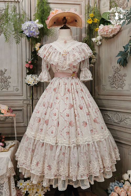 Elegant Vintage Rose Flowers Print Multi-Layer Embroidery Ruffled Sweet Lolita OP Dress