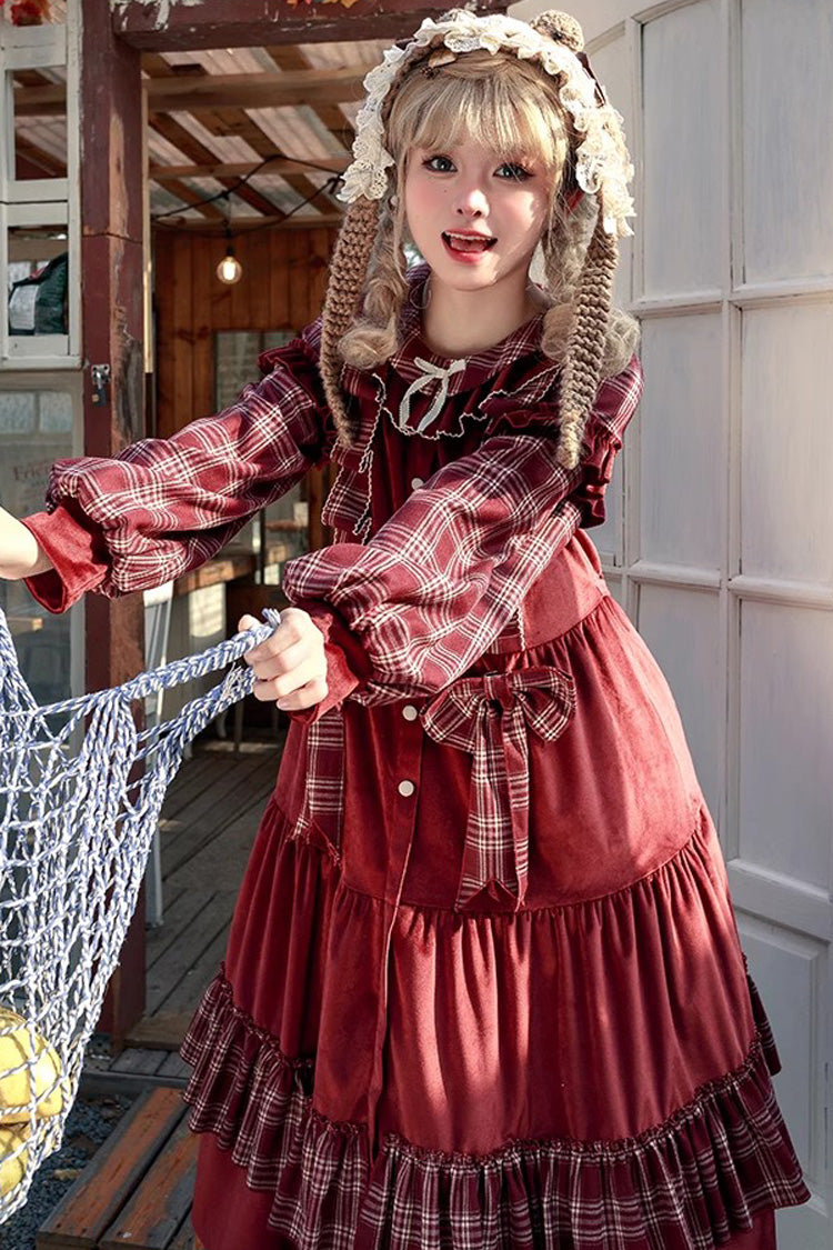 Red Velvet Plaid Print Bowknot Christmas Sweet Lolita Dress
