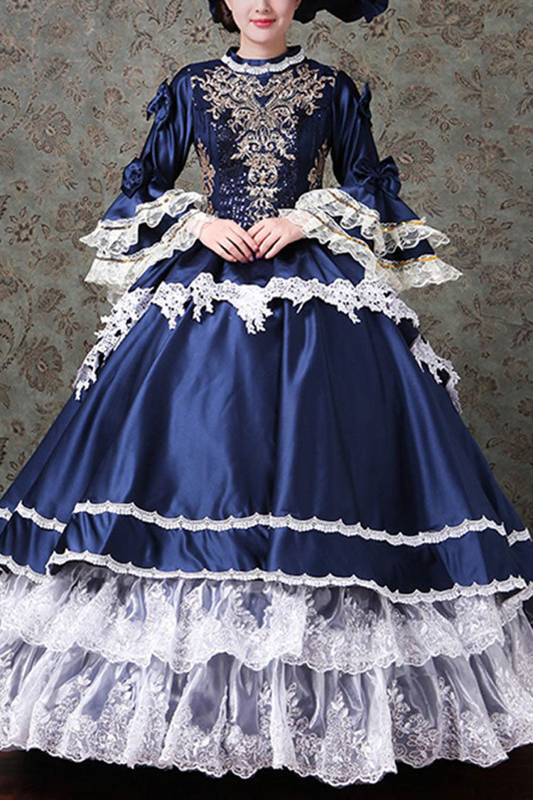 Multi-Layer Trumpet Sleeves High Waisted Lace Stitching Embroidery Print Victorian Lolita Prom Dress