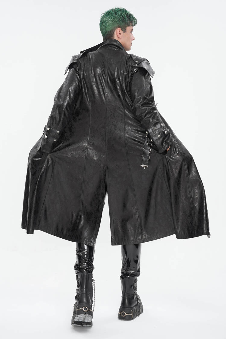 Black Stand Collar Multi Buckle Faux Long Leather Men's Punk Coat
