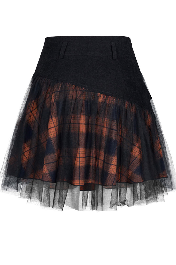 Black/Red Lace Mesh Stitching Plaid Metal Buckle Decoration High Waist Women's Punk Short Skirt