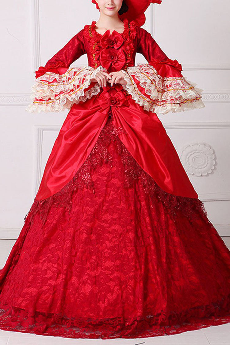 Red Multi-Layer Lace Stitching Trumpet Sleeves High Waisted Bowknot Hollow Floral Embroidery Victorian Lolita Prom Dress