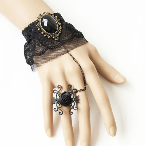 Black Retro Fashion Creative Lace Rose Gem Net Yarn Female Gothic Lolita Ring Bracelet