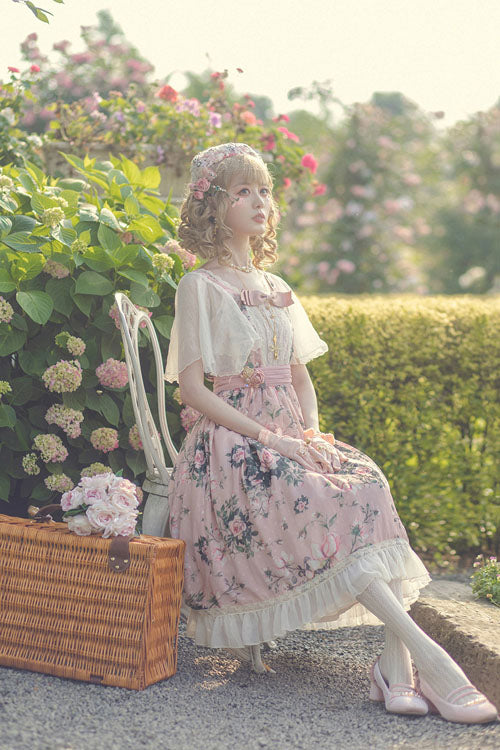 Pink Elegant Vintage French Rose Print Square Collar Ruffled Classic Lolita OP Dress