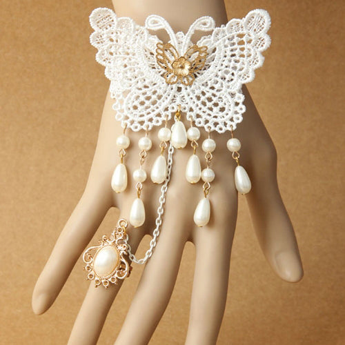White Vintage Baroque Lace Butterfly Pearl Bride Palace Style Finger Ring Lolita Bracelet