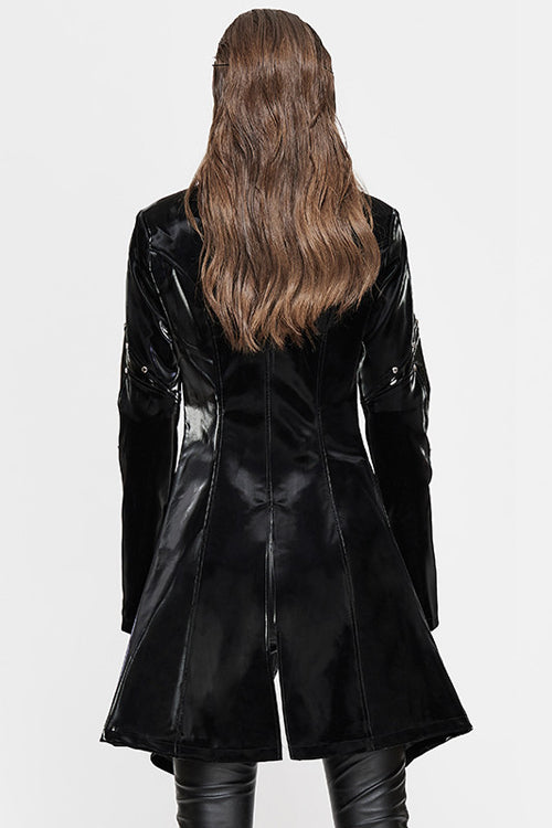 Black Rivet Bright Leather Zipper Long Womens Punk Coat
