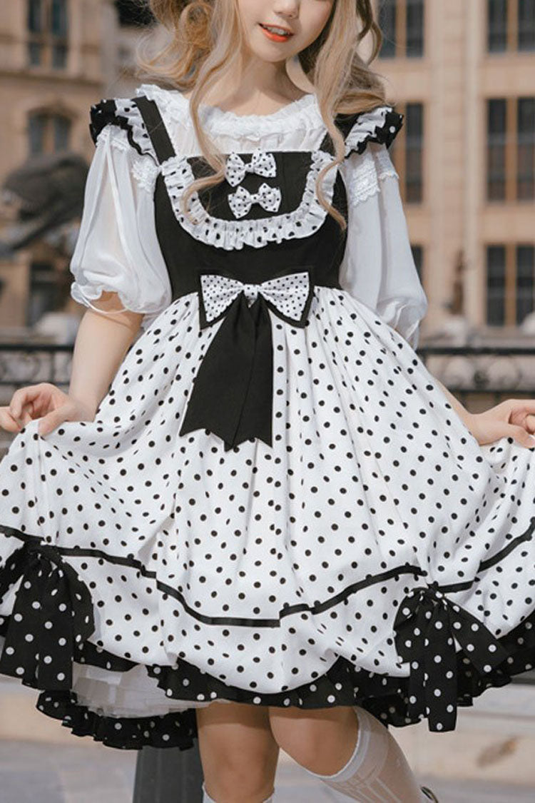 White/Black Polka Dot Print Bowknot Princess Sweet Lolita Suspender Dress
