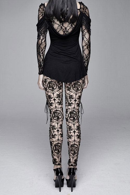 Braune Leggings mit Beflockungsdruck und seitlicher Schnürung aus Netzstoff für Damen