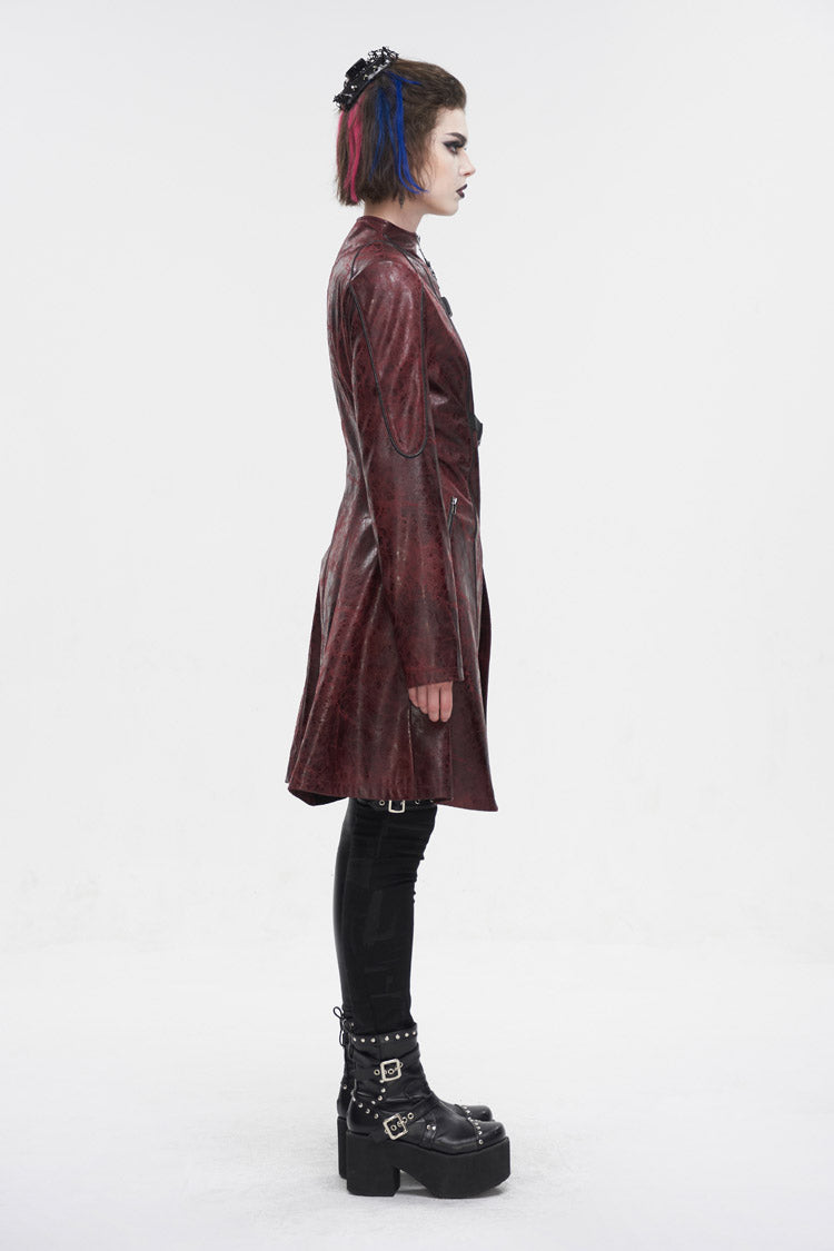 Red Double Buckle Faux Leather Long Women's Punk Coat