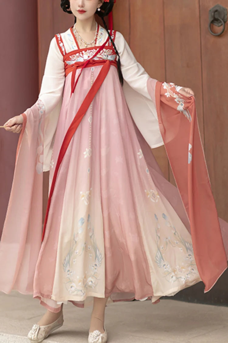 ピンクのトランペット袖ハイウエストプリント刺繍甘い中国風漢服ドレスフルセット
