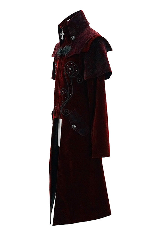 Red Gothic Stand Collar Velveteen Mens Coat