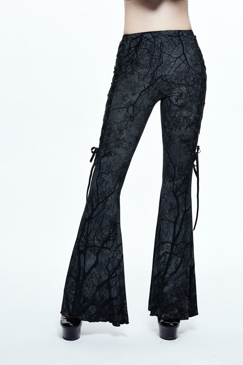 Black Mysterious Forest Gothic Branch Printing Bellbottom Womens Pants
