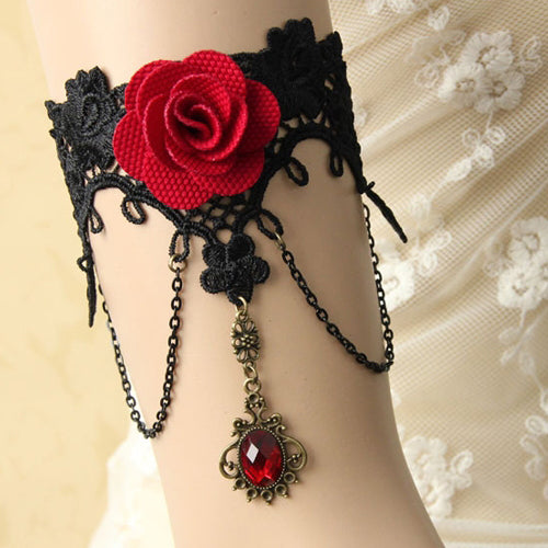 Black Retro Fashion Female Gothic Lolita Lace Red Rose Ruby Bracelet