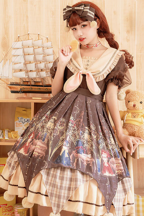 Brown Alchemist Cartoon Anime Print Doll Collar Bowknot Short Sleeves Multi-Layer Pompom Sweet Lolita OP Dress