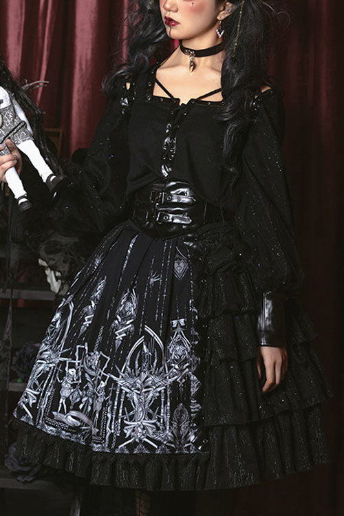 Dark Black Eye Of Red Heart Print High Waisted Gothic Lolita Skirt Dress