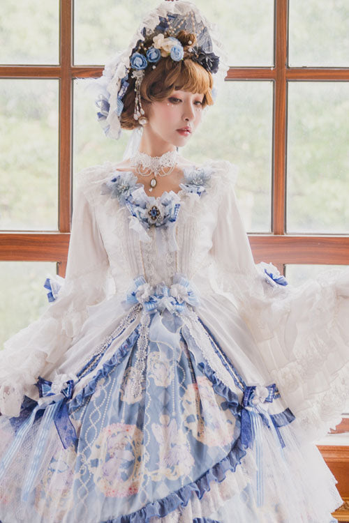Blue/White Three Dimensional Flower Embroidery Hanayome Long Sleeves Bowknot Multi-Layer Ruffled Sweet Lolita OP Dress