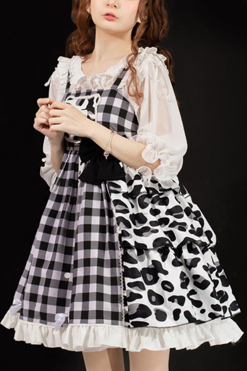 White/Black Milk Cow Plaid Panel Ruffled High Waisted Sweet Lolita JSK Dress
