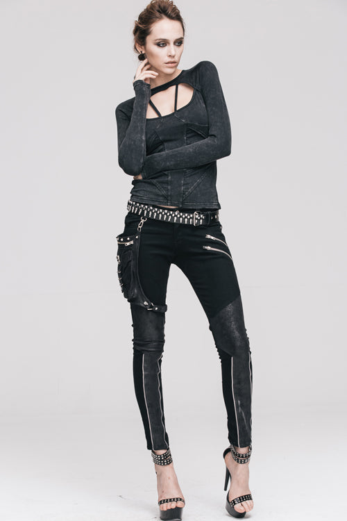 Black Hollow Out Long Sleeves Womens Punk Straps T-Shirt