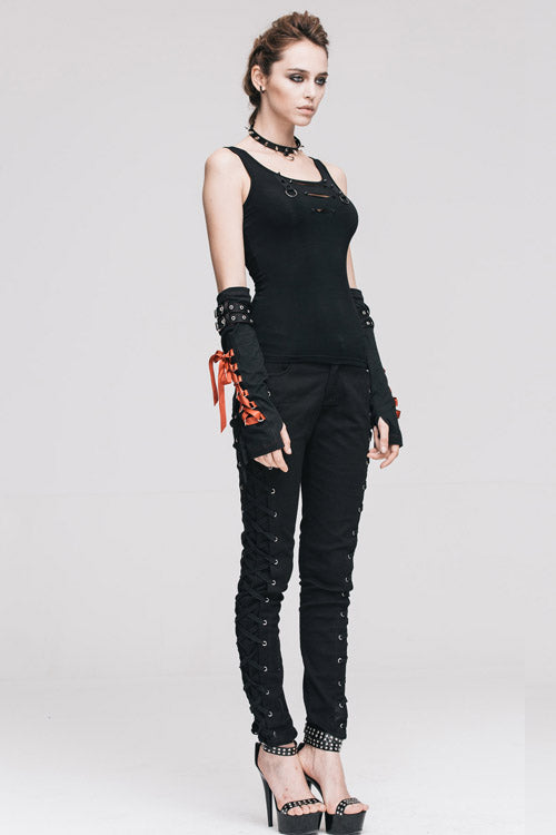 Black Lace Up Punk Classic Stretchy Womens Pants