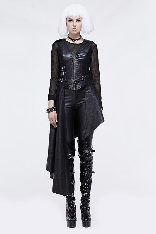 Black Zipper Up Asymmetric Sleeveless Womens Punk Rock Mid Length Leather Dress