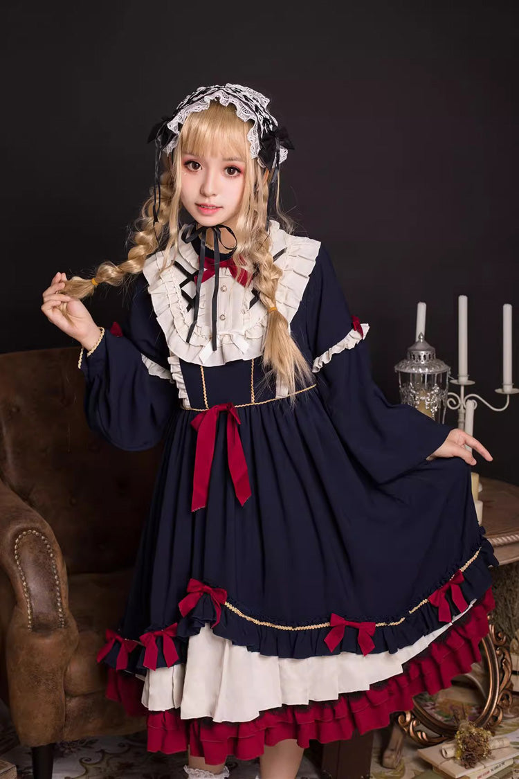 Blue Long Sleeves Ruffle Bowknot Daily Sweet Princess Lolita Dress