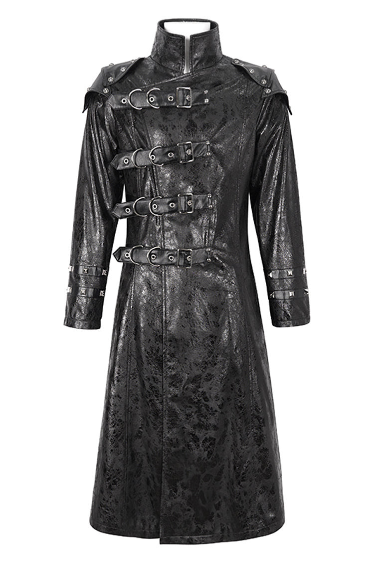 Black Stand Collar Multi Buckle Faux Long Leather Men's Punk Coat