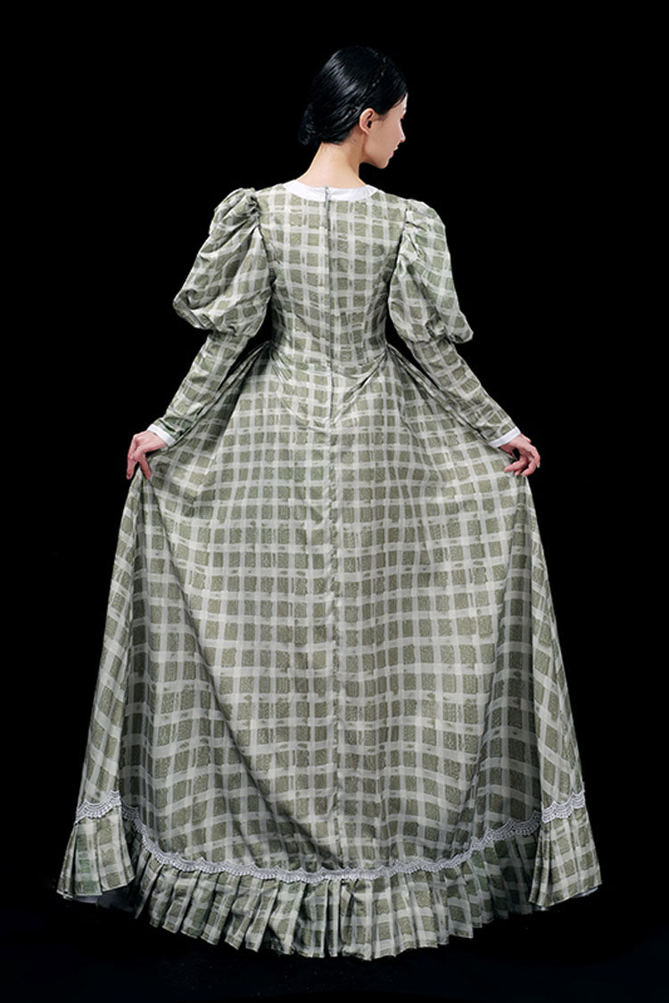 Dark Green Long Sleeves Plaid Print High Waisted Ruffled Victorian Lolita Prom Dress