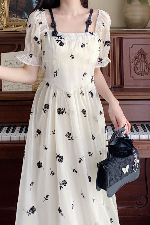 Beige French Square Collar Short Sleeves Rose Print Long Plus Size Sweet Lolita Dress