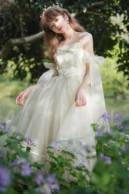 Beige Small Ballet High Waisted Bowknot Chiffon Long Version Sweet Lolita JSK Dress