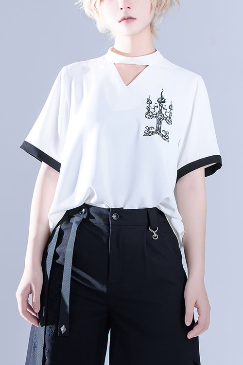 White Hollow V Collar Spooky Shadow Embroidered Ouji Lolita Short Sleeves