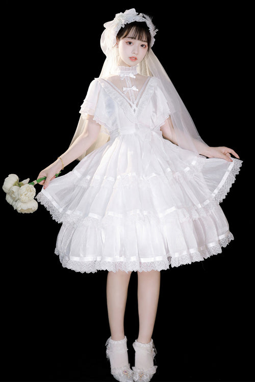 Lace Round Collar Ruffled Short Sleeves Sweet Lolita Tiered Dress