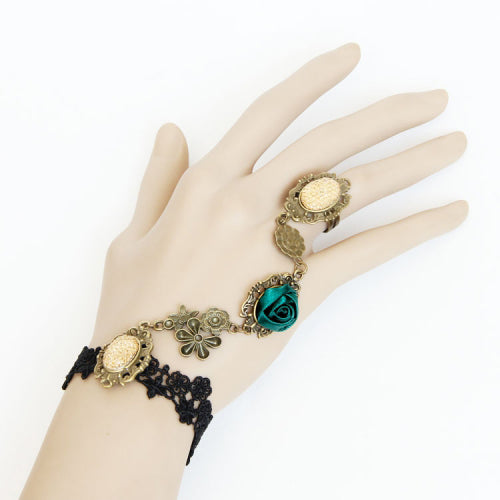 Green Rose Retro Fashion Black Lace Female Lolita Ring Bracelet